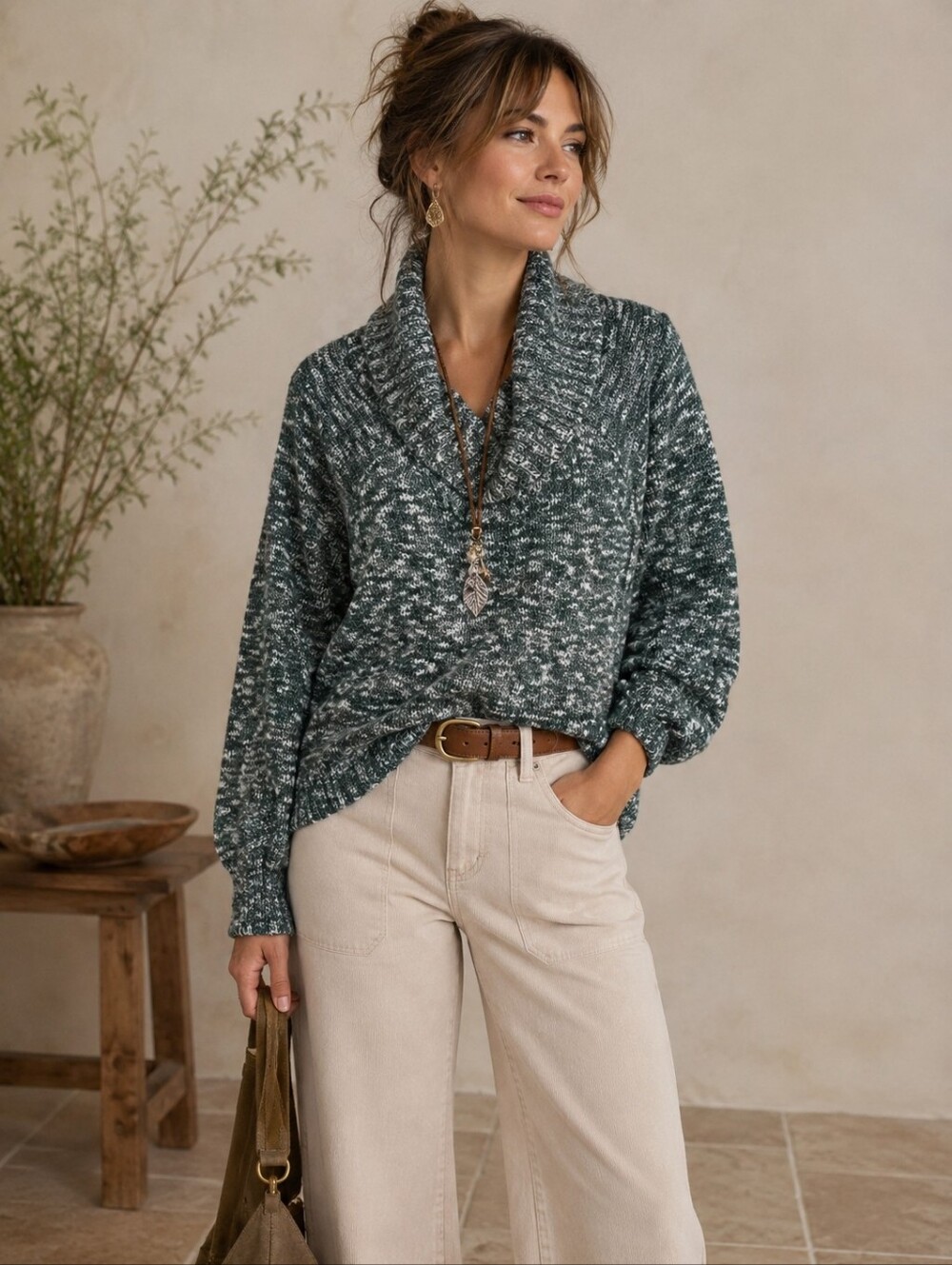 Green Marled Shawl Collar Pullover Sweater Large Cozy Chunky Knit Long Sleeve